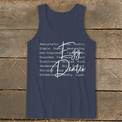 Navy tank top with white text listing traits like "Resourceful," "Farmer," and "Egg Dealer."