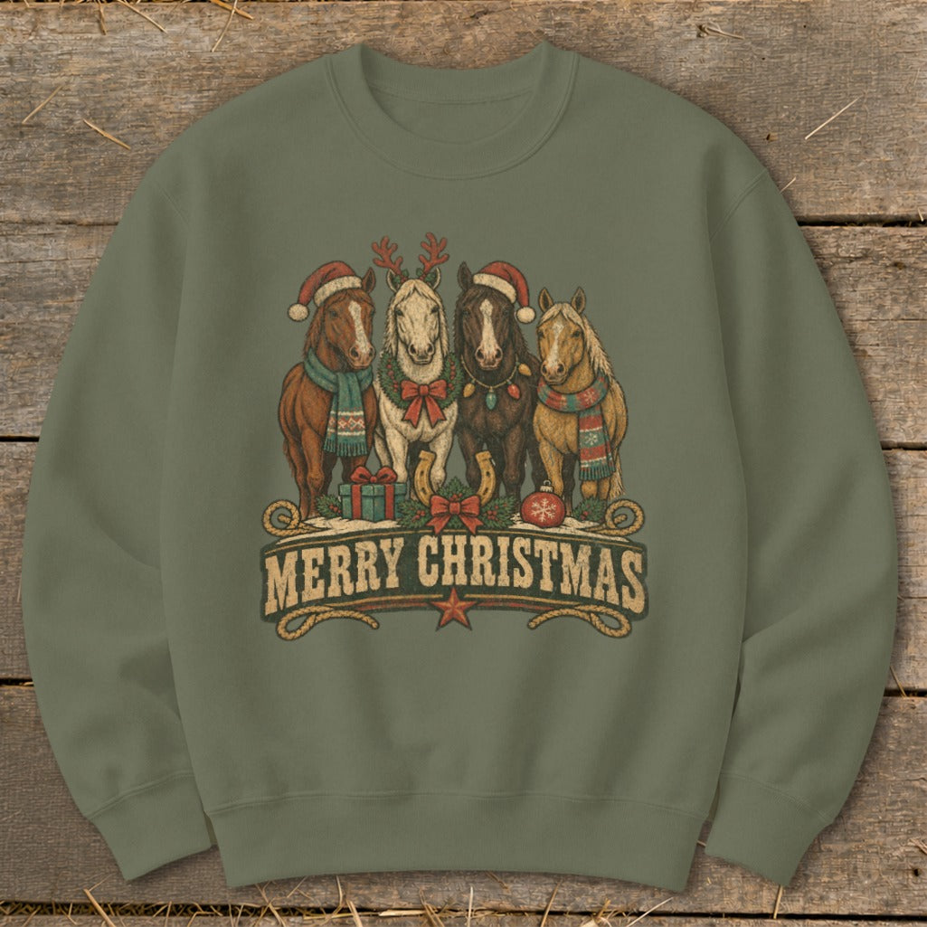 Four horses wearing Christmas attire with "Merry Christmas" text.