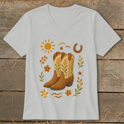 Light grey v-neck t-shirt with cowboy boots, sun, horseshoe, and floral graphic.