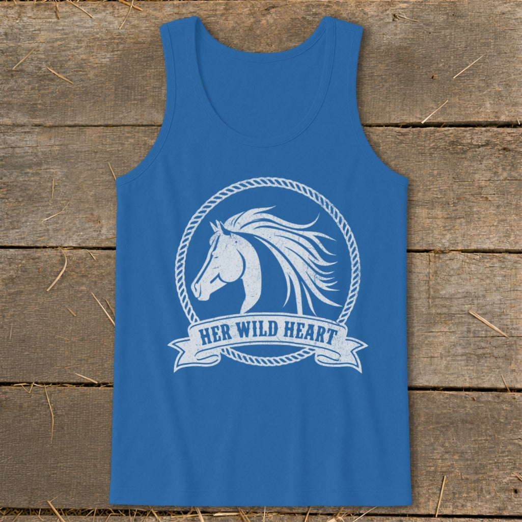 Blue tank top with white horse head graphic and "HER WILD HEART" text.