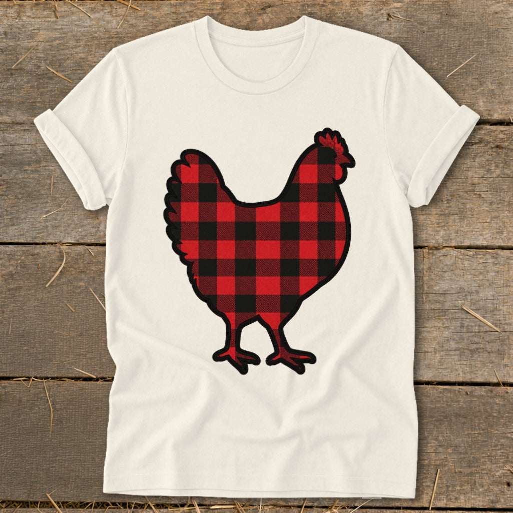 Cream t-shirt with a black and red buffalo plaid chicken graphic.