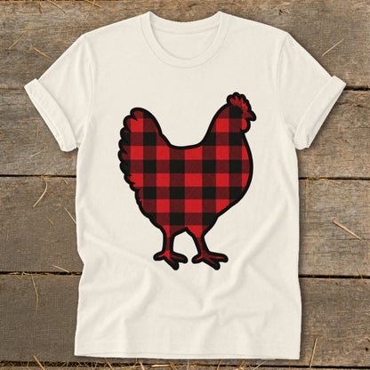 Cream t-shirt with a black and red buffalo plaid chicken graphic.