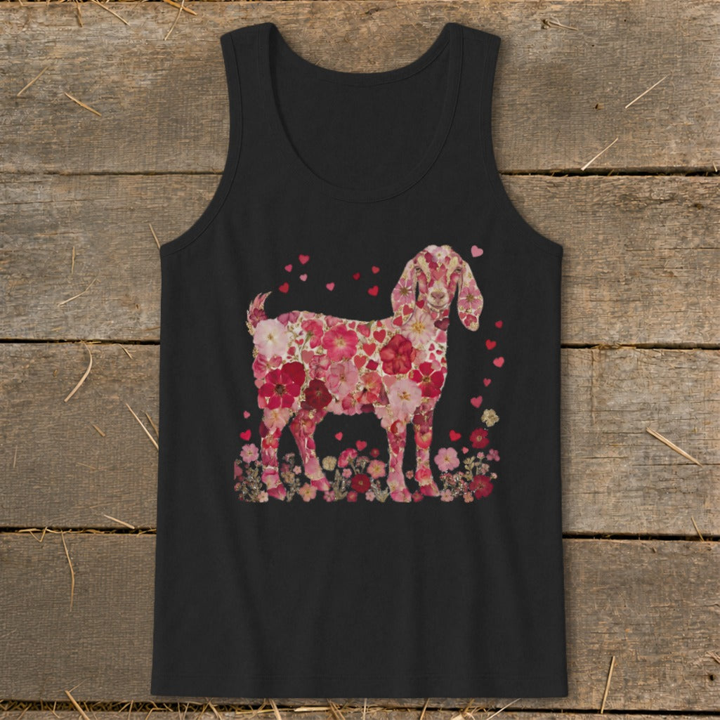 Black tank top with a goat silhouette made of pink and red flowers.
