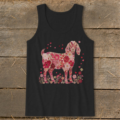 Black tank top with a goat silhouette made of pink and red flowers.
