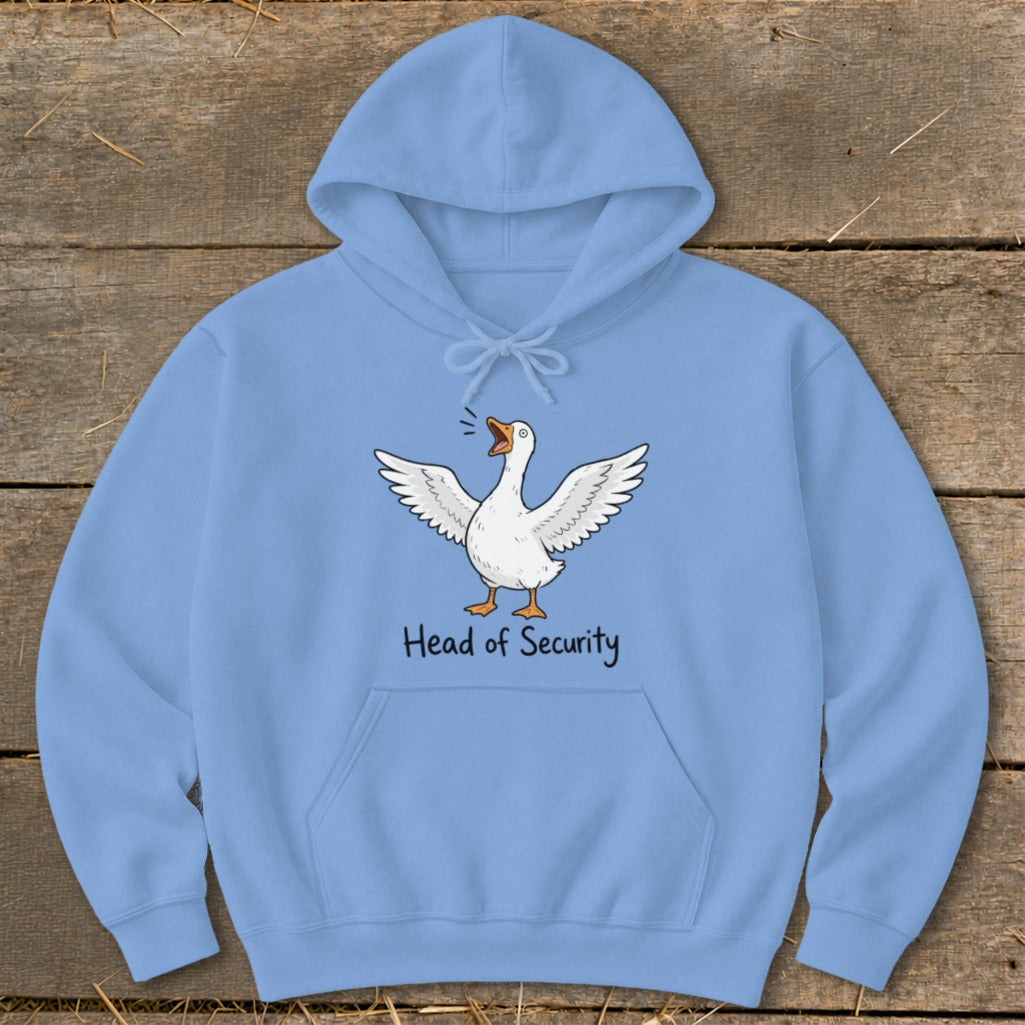 Light blue hoodie with cartoon goose and "Head of Security" text.