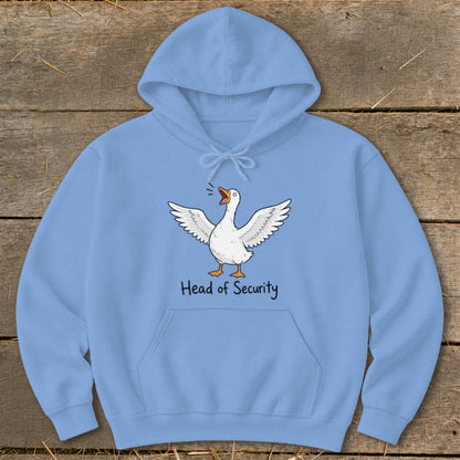 Light blue hoodie with cartoon goose and "Head of Security" text.