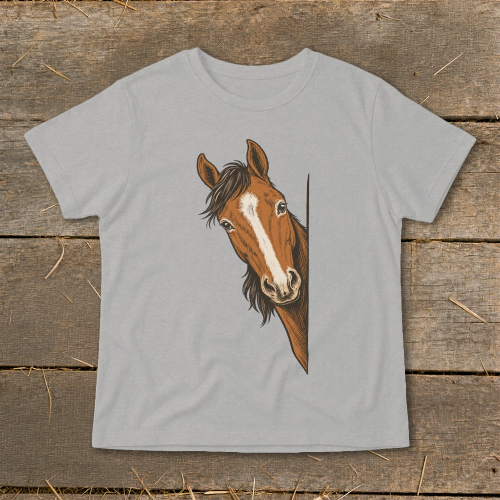 Grey t-shirt with a drawing of a brown horse peeking from the side.
