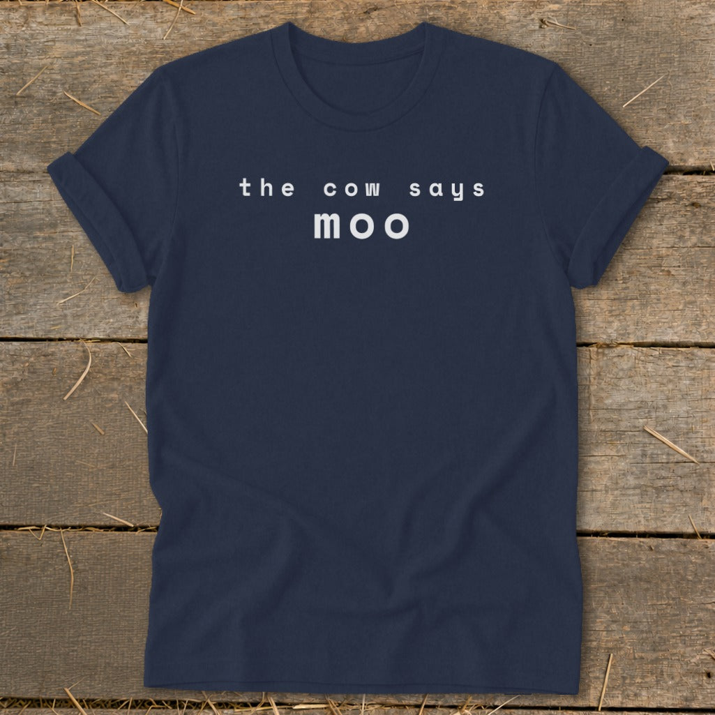 Navy t-shirt with white text reading "the cow says moo".