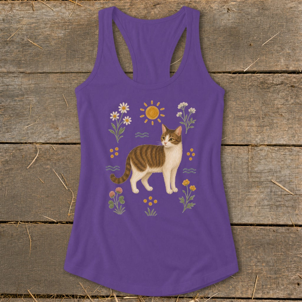 Purple tank top with a tabby cat illustration surrounded by flowers and sun.