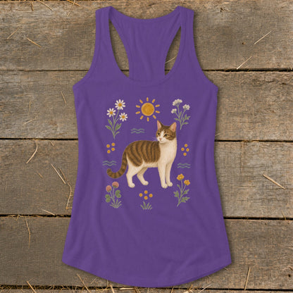 Purple tank top with a tabby cat illustration surrounded by flowers and sun.