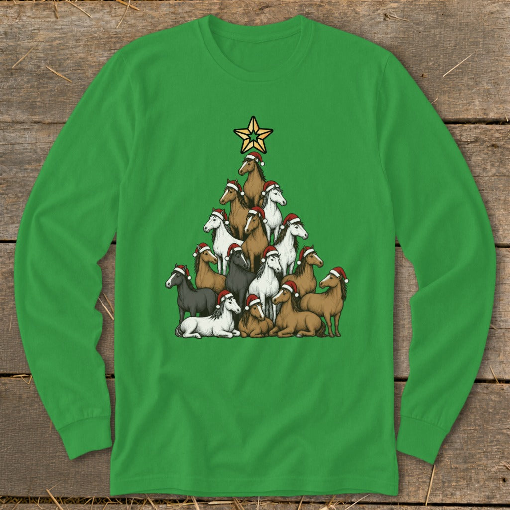 Green long-sleeve shirt with horses in Santa hats forming a Christmas tree.