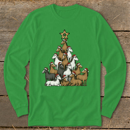 Green long-sleeve shirt with horses in Santa hats forming a Christmas tree.