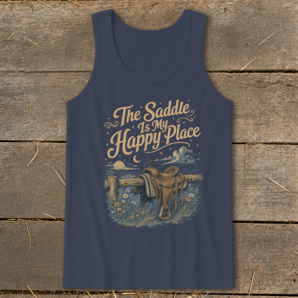 Navy tank top with "The Saddle Is My Happy Place" text and a saddle on a fence.