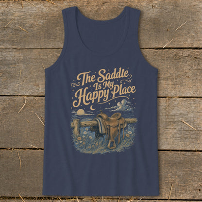 Navy tank top with "The Saddle Is My Happy Place" text and a saddle on a fence.