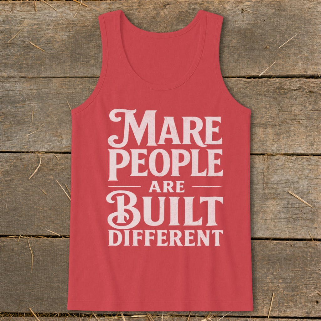 Red tank top with "Mare People Are Built Different" text.