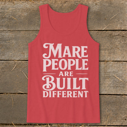 Red tank top with "Mare People Are Built Different" text.