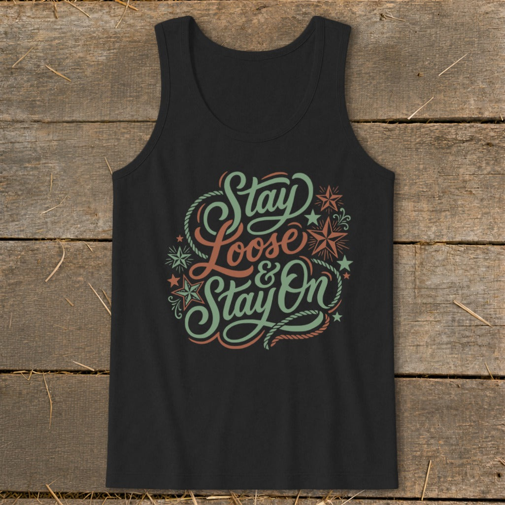 Black tank top with "Stay Loose & Stay On" text and rope design.