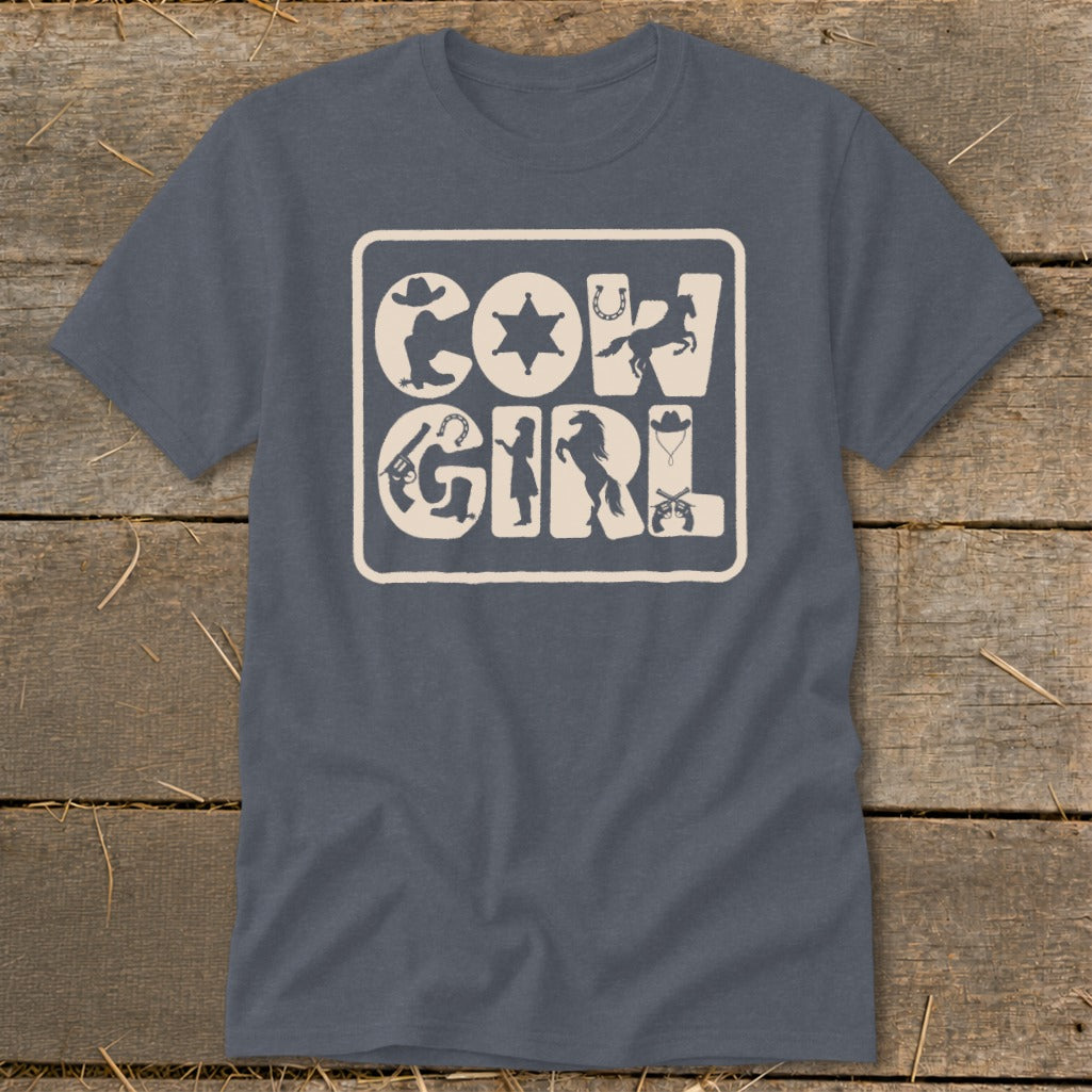 Gray t-shirt with beige "COW GIRL" text and Western graphics.