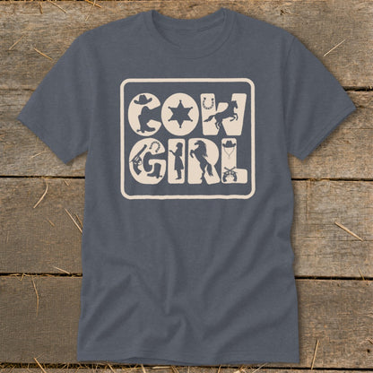 Gray t-shirt with beige "COW GIRL" text and Western graphics.