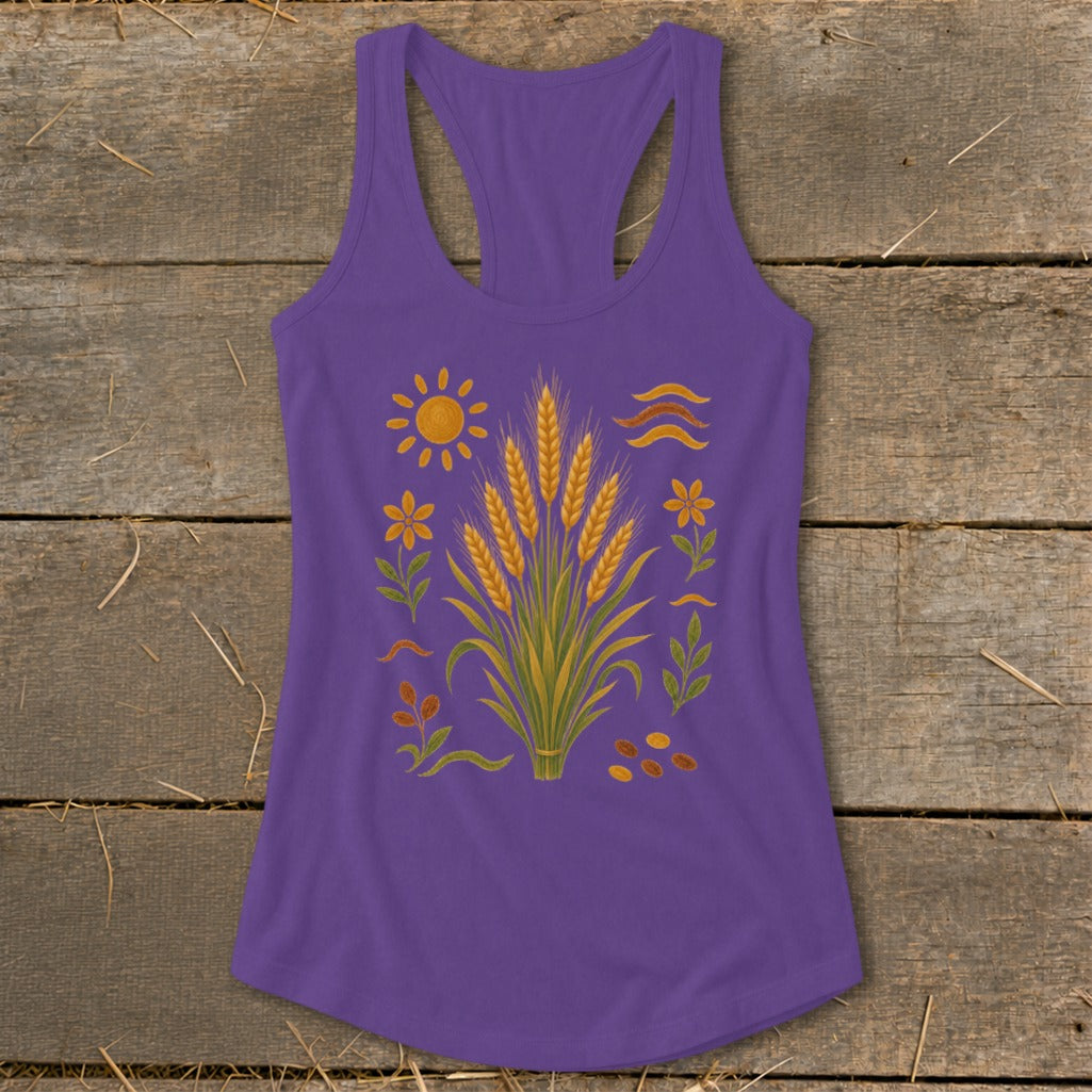 Purple tank top with wheat, sun, and floral graphic design.