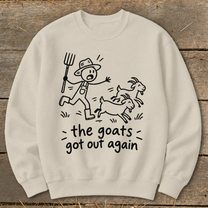 Line art of a farmer chasing goats with text "the goats got out again".