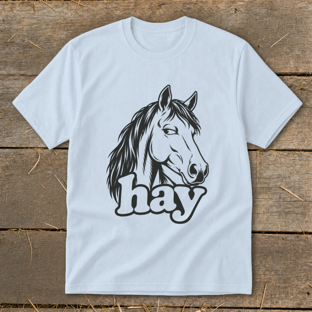 Light blue t-shirt with a black line drawing of a horse's head and the word "hay".
