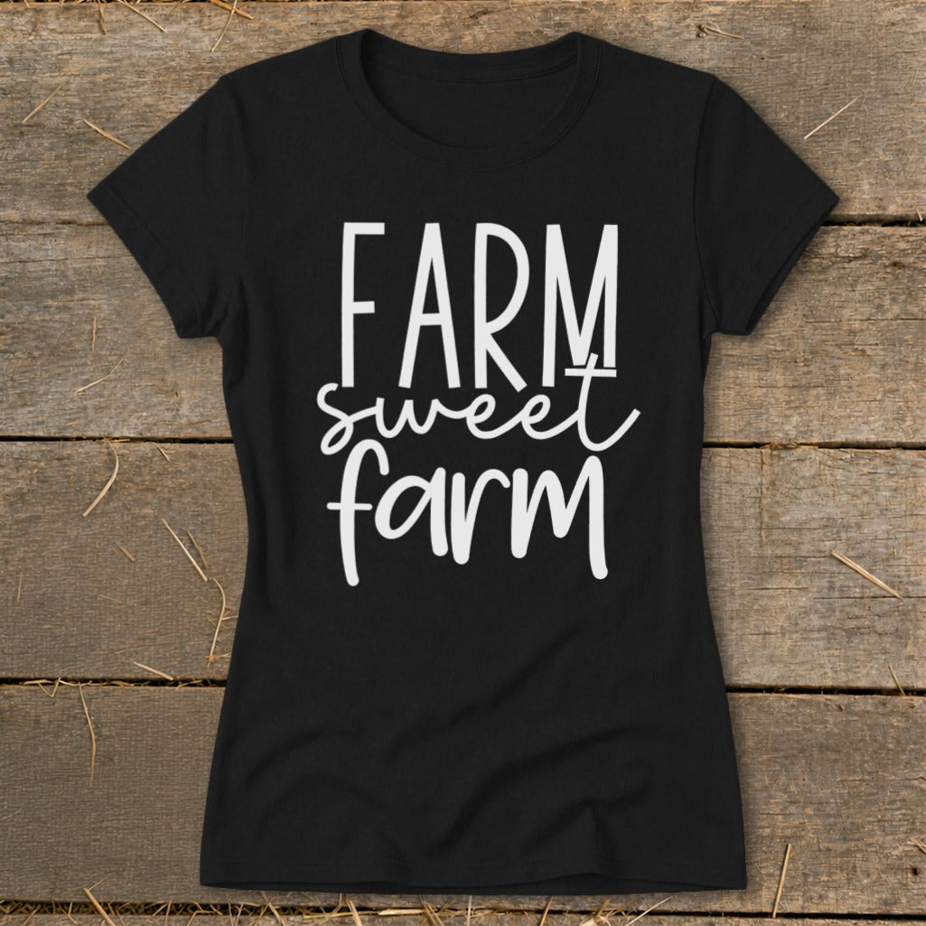 Black t-shirt with white text that reads "FARM sweet farm".