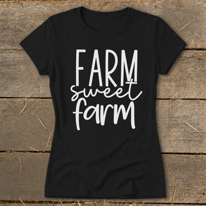 Black t-shirt with white text that reads "FARM sweet farm".