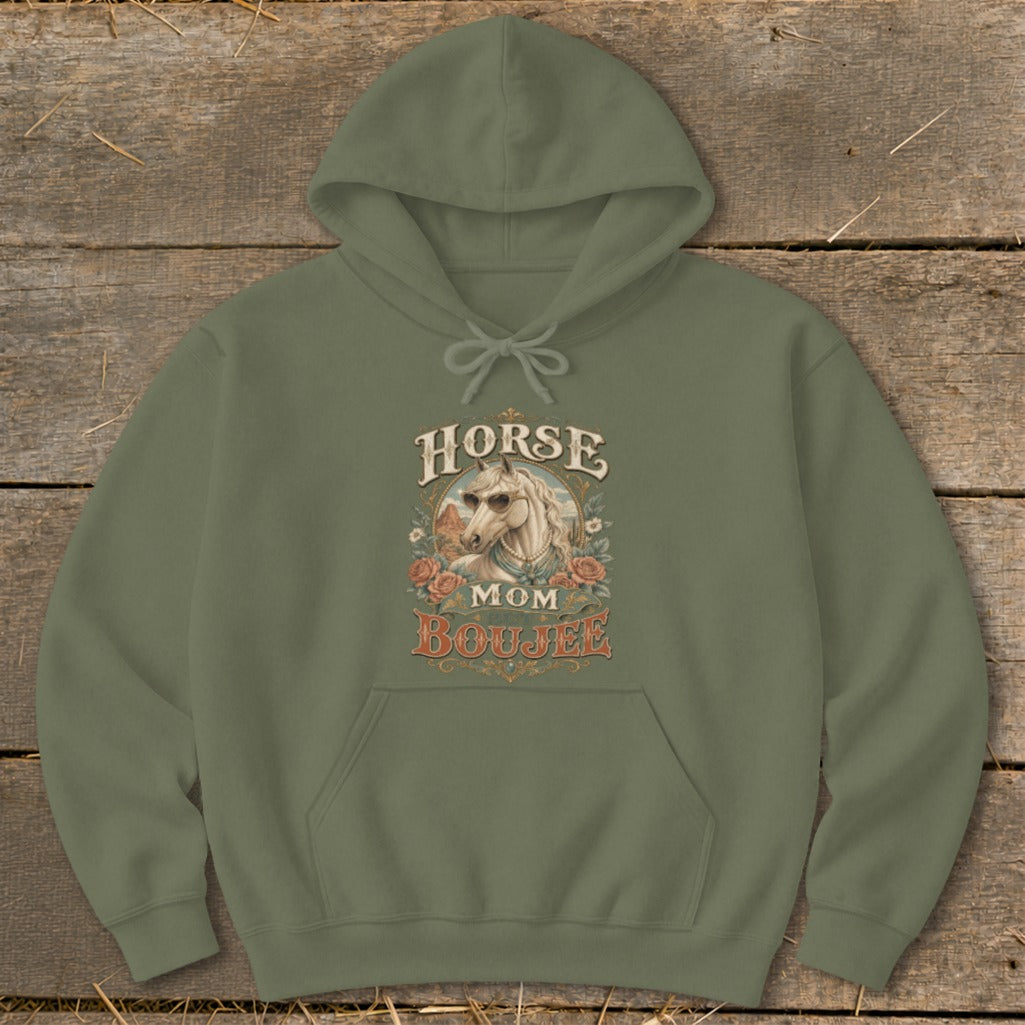 Olive green hoodie with "Horse Mom Boujee" text and horse graphic.