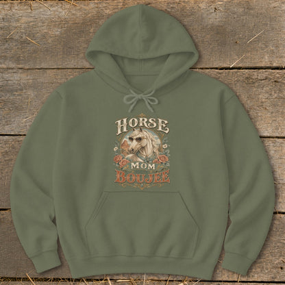 Olive green hoodie with "Horse Mom Boujee" text and horse graphic.