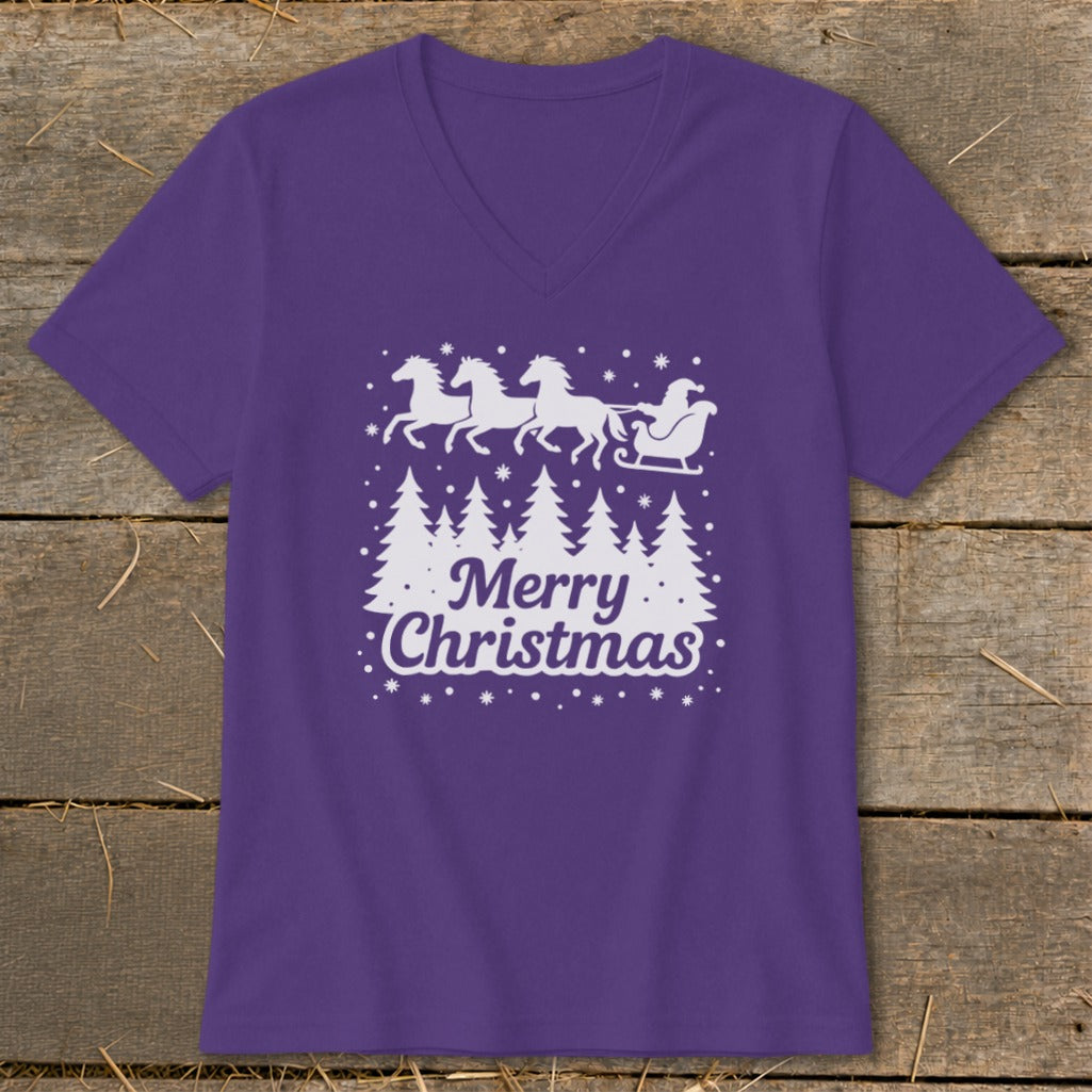 Purple t-shirt with white Merry Christmas design featuring a sleigh pulled by horses.