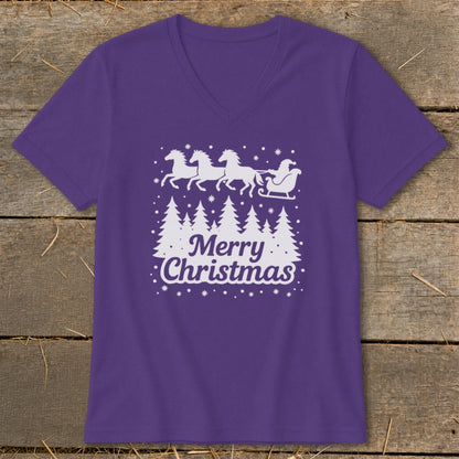 Purple t-shirt with white Merry Christmas design featuring a sleigh pulled by horses.