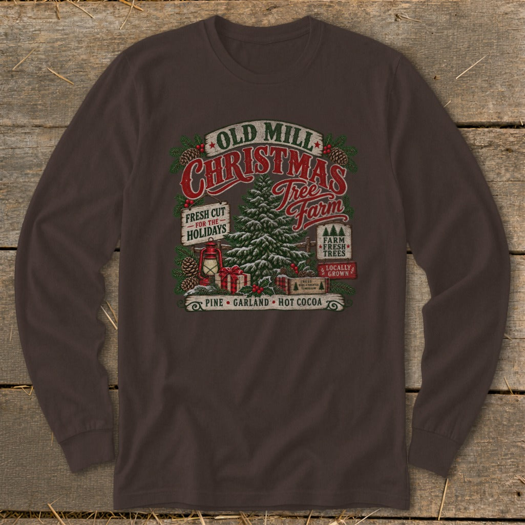 Old Mill Christmas Tree Farm design with pine, garland, and hot cocoa elements.