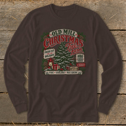 Old Mill Christmas Tree Farm design with pine, garland, and hot cocoa elements.