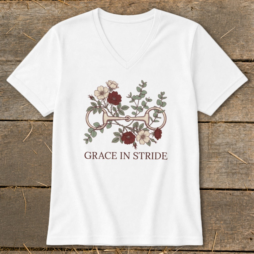 White t-shirt with floral horse bit graphic and text "GRACE IN STRIDE".