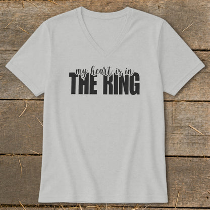 Light gray V-neck t-shirt with black text "my heart is in THE RING".