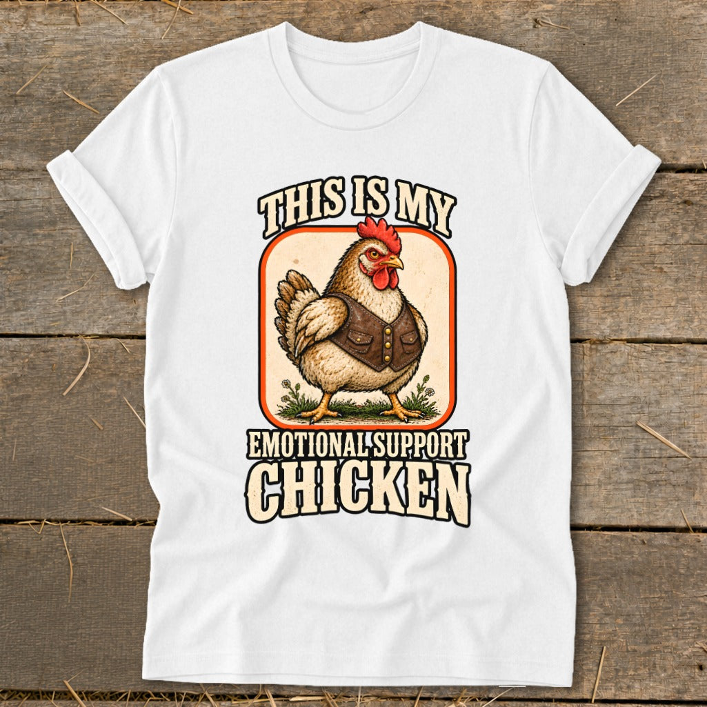 White t-shirt graphic with text "This is my Emotional Support Chicken" and illustration.