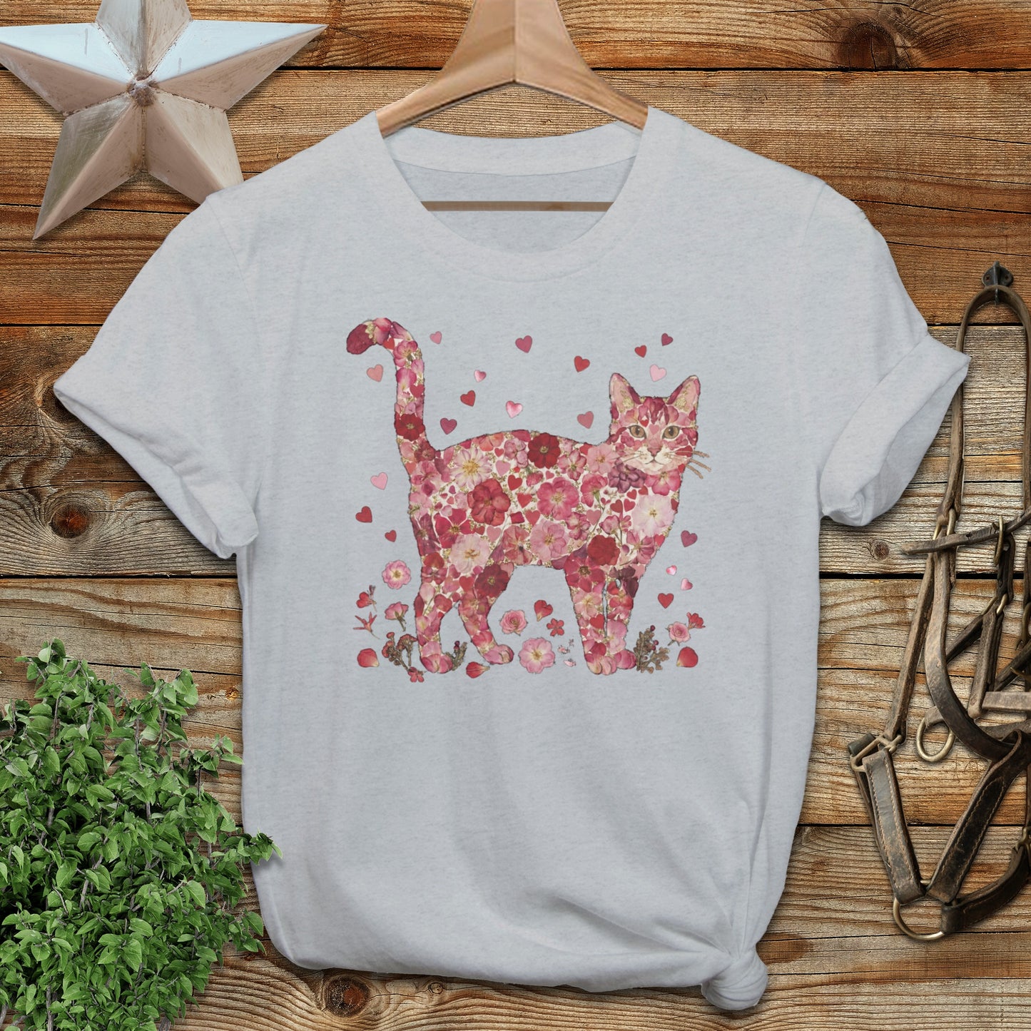 Floral Cat Design T-Shirt with Heart Accents