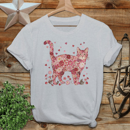 Floral Cat Design T-Shirt with Heart Accents