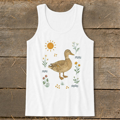 White tank top with a brown duck and floral illustration.