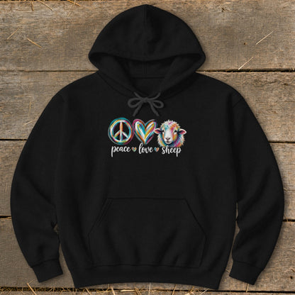 Black hoodie with "peace love sheep" text and colorful peace sign, heart, and sheep graphic.