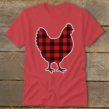 Red t-shirt with a black and red buffalo plaid chicken graphic.