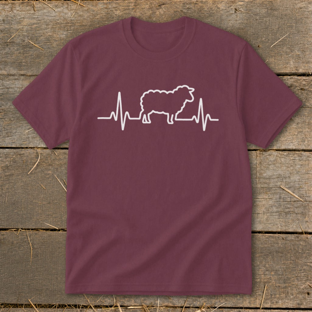 A dark maroon t-shirt with a white graphic of a sheep integrated into a heartbeat line.