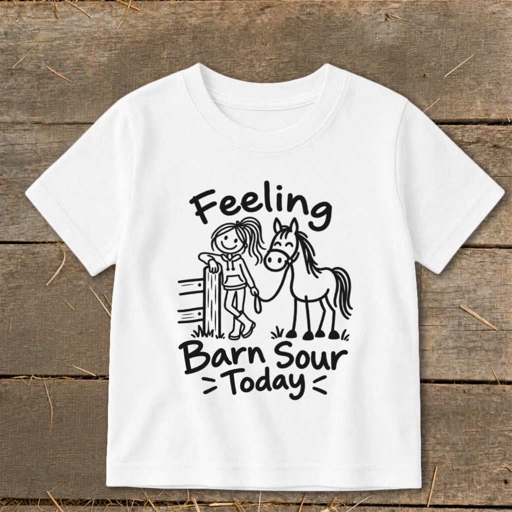 White t-shirt with doodle art of girl and horse, text reads "Feeling Barn Sour Today".