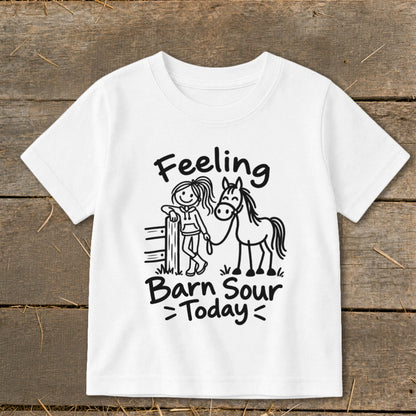 White t-shirt with doodle art of girl and horse, text reads "Feeling Barn Sour Today".