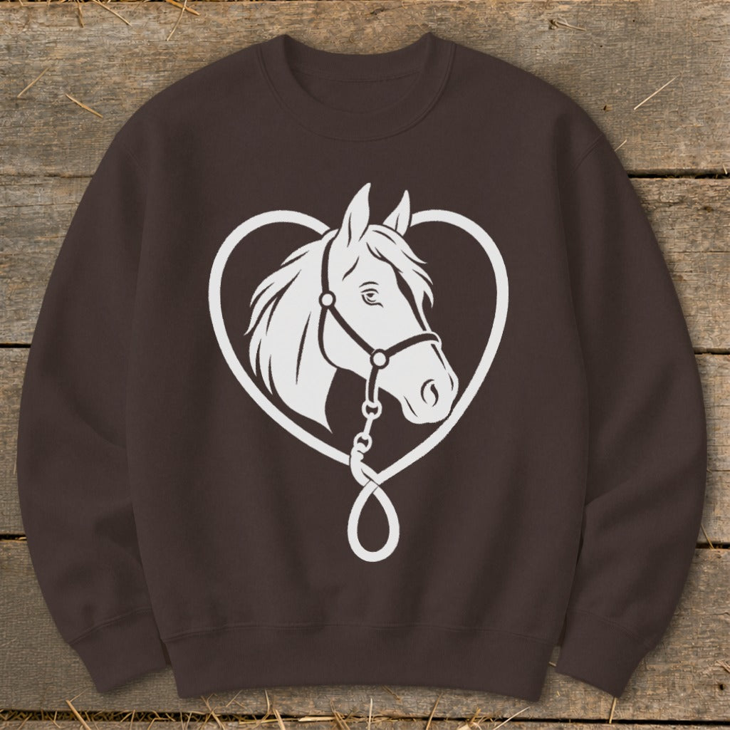 Dark brown crewneck sweatshirt featuring a white graphic of a horse's head framed by a heart shape.