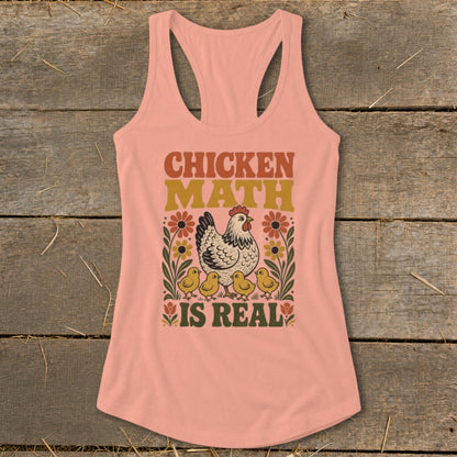 Peach tank top with "Chicken Math Is Real" text, a hen, and chicks.