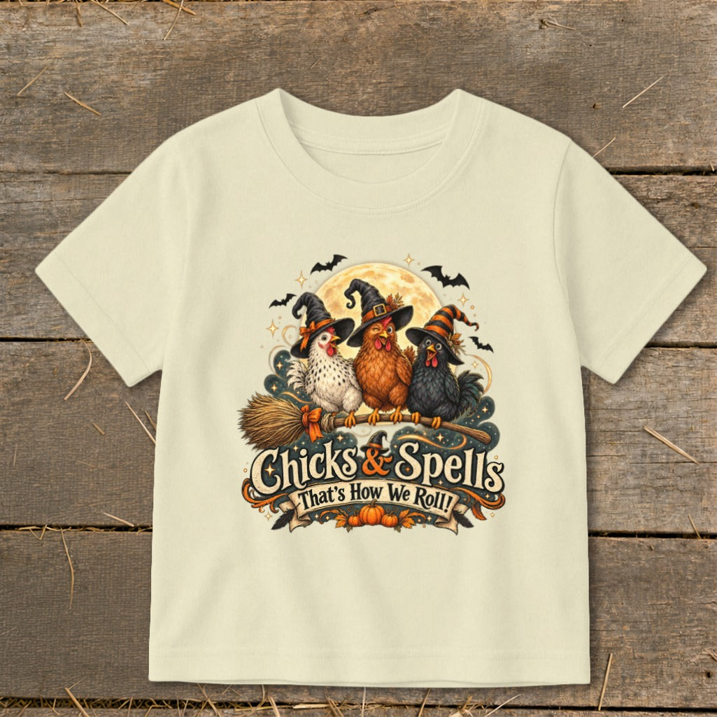 Three witch chickens on a broom with "Chicks & Spells" text.
