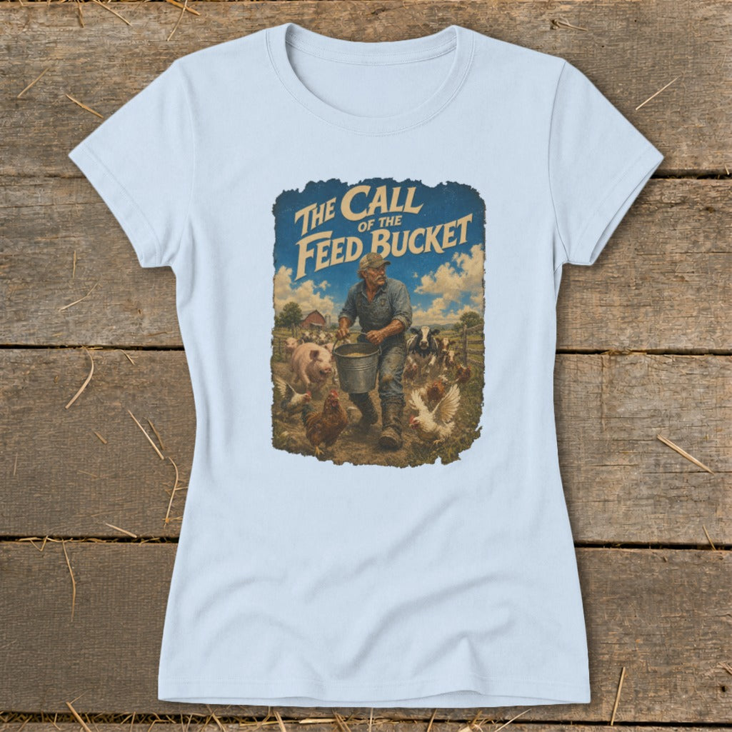 Farmer feeding pigs, chickens, and cows with text "The Call of the Feed Bucket".