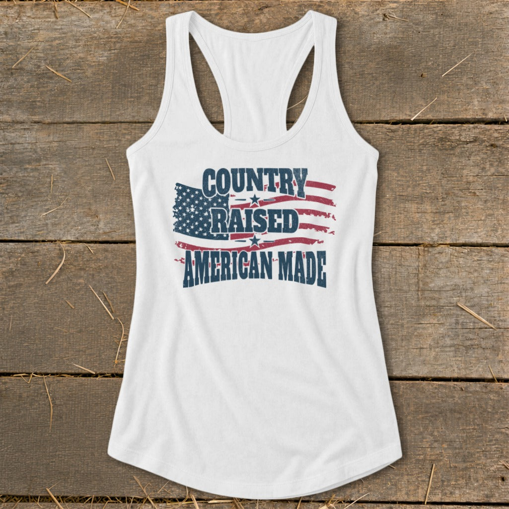 White racerback tank top with distressed American flag and text.